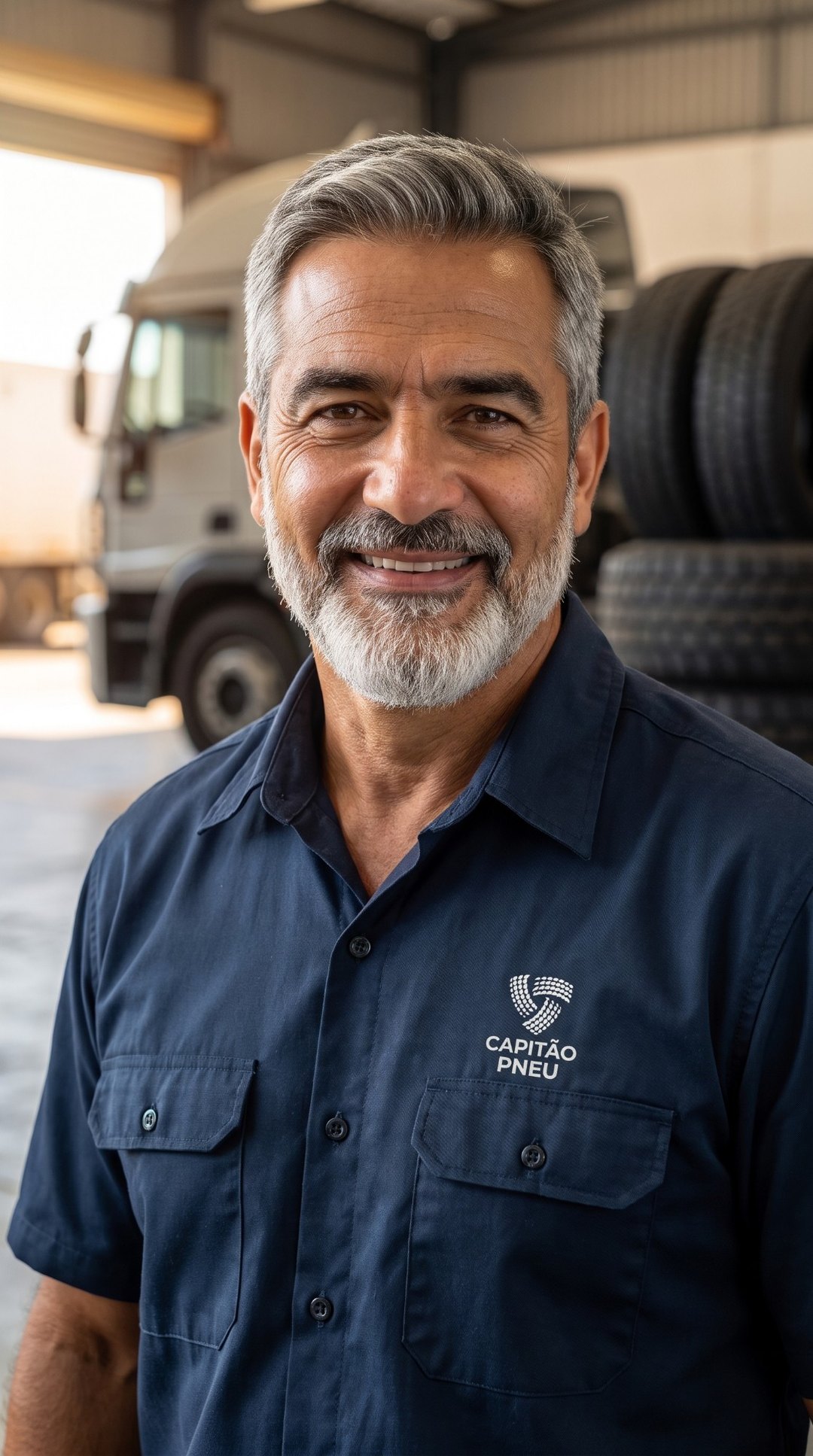O Capitão Pneu sorrindo na oficina